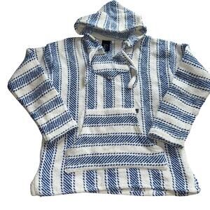 Baja Billys Hoodie Men Medium Mexican Rug Poncho Blue White Pullover Y2K 90s